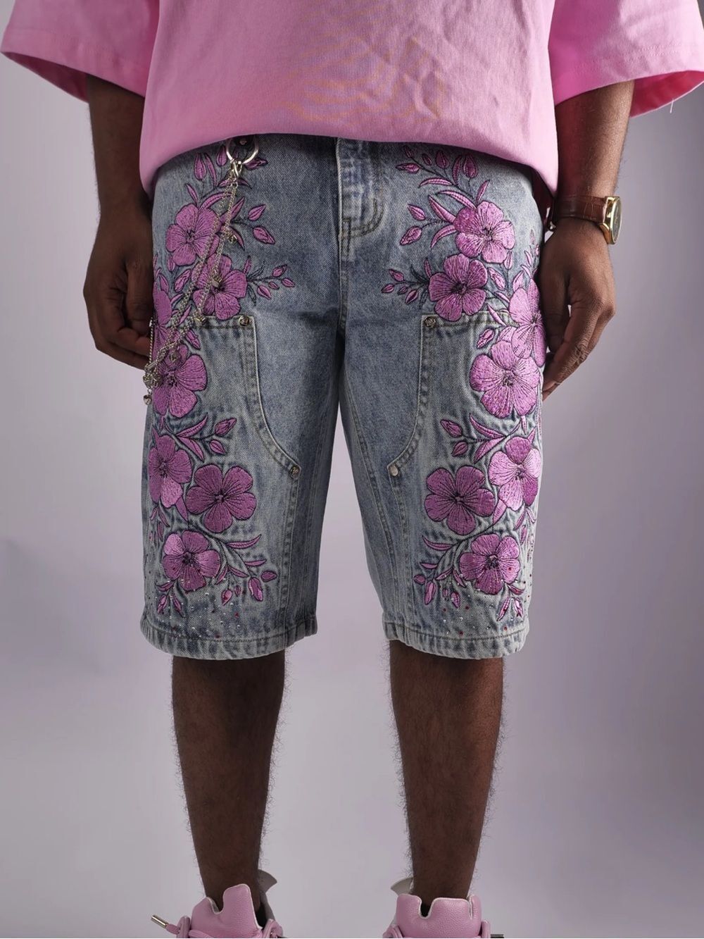 WATSON FLORAL LIGHT WASH DENIM CARPENTER SHORTS